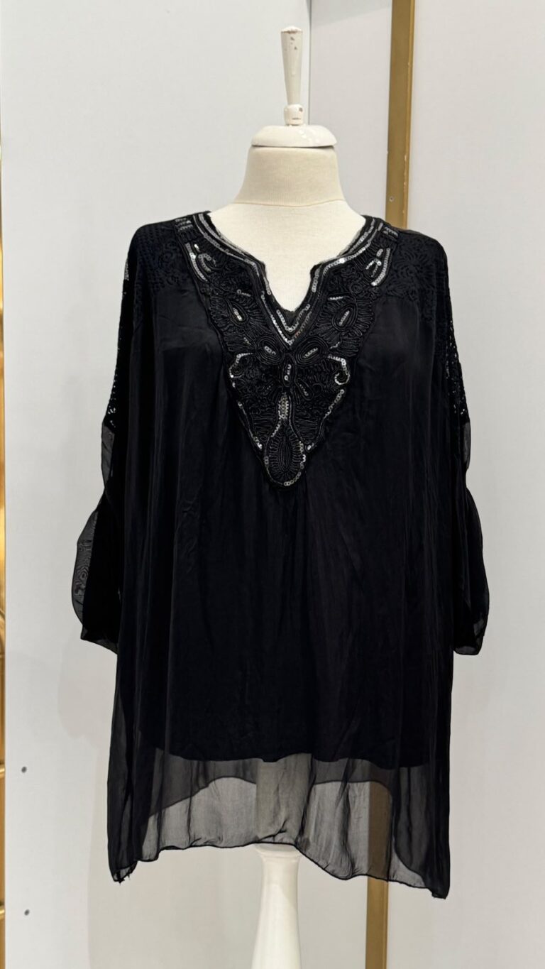 İtalyan İpek İşlemeli Bluz Model 01 - Siyah