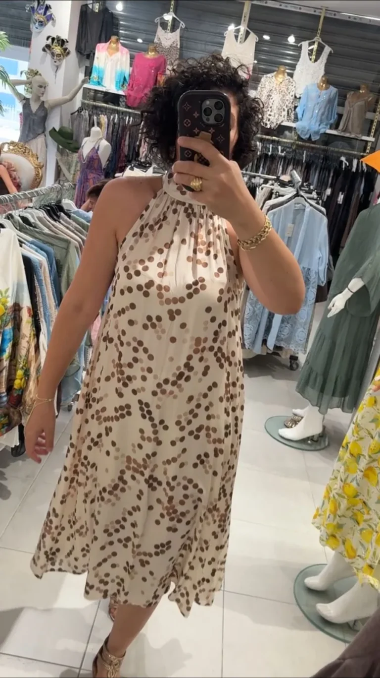 İtalyan Puantiye Desenli Halter Yaka Midi Elbise - Ekru Kahve gorsel 1