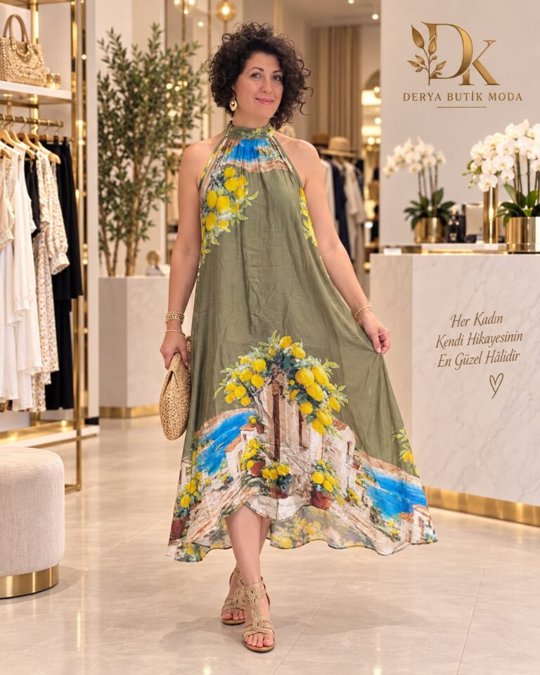 İtalyan Saten İpek Limon Desenli Halter Yaka Elbise - Haki gorsel 1